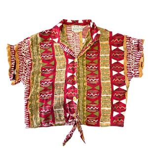 Jessica Stevens Southwest Print‎ Tie Front Blouse Short Sleeve Medium Vintage